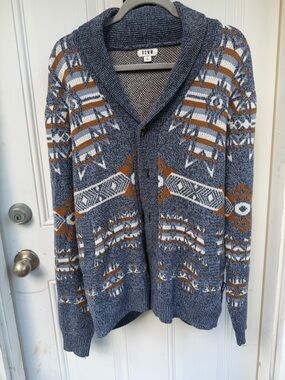 Rown- Men's Shawl Collar Patterned Cardigan Sweater - Blue/Brown